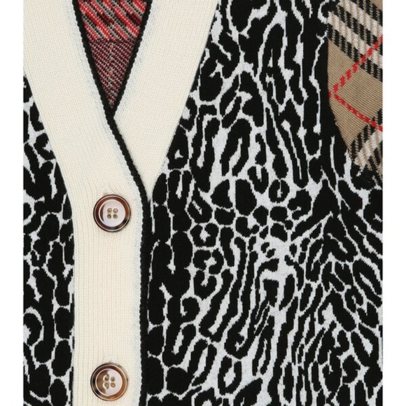 KIDS CHECK & LEOPARD MERINO WOOL JACQUARD CARDIGAN 7/8Y - Picture 3 of 10